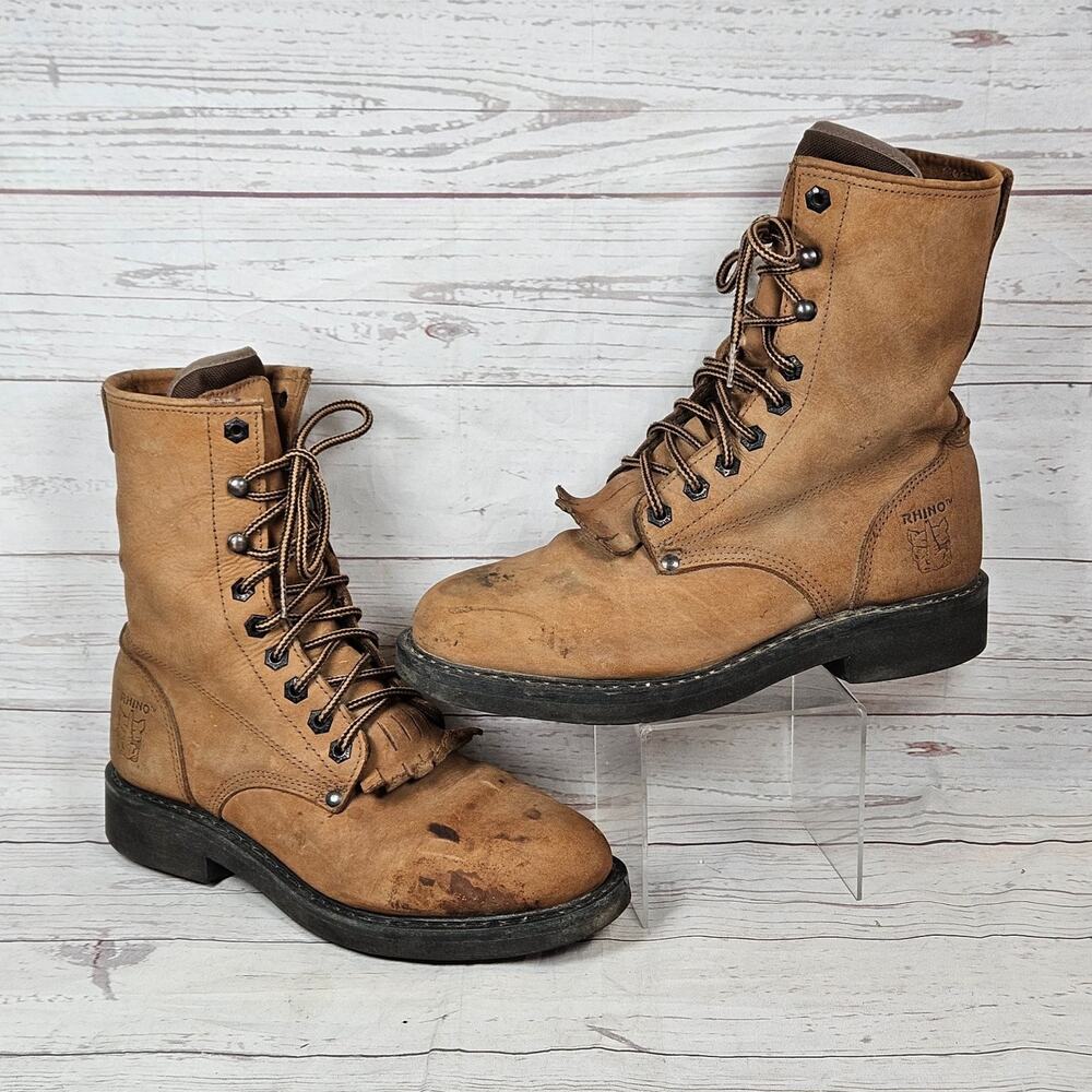 RHINO Boots Men's Tan US 9 Leather Work Oil Resistant Lace Up *Stained